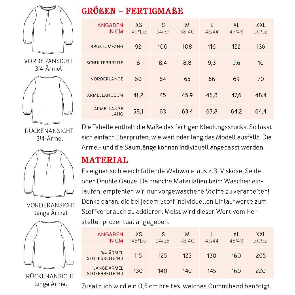 Papierschnittmuster Bluse mit Kellerfalte Frau Suki XS-XXL
